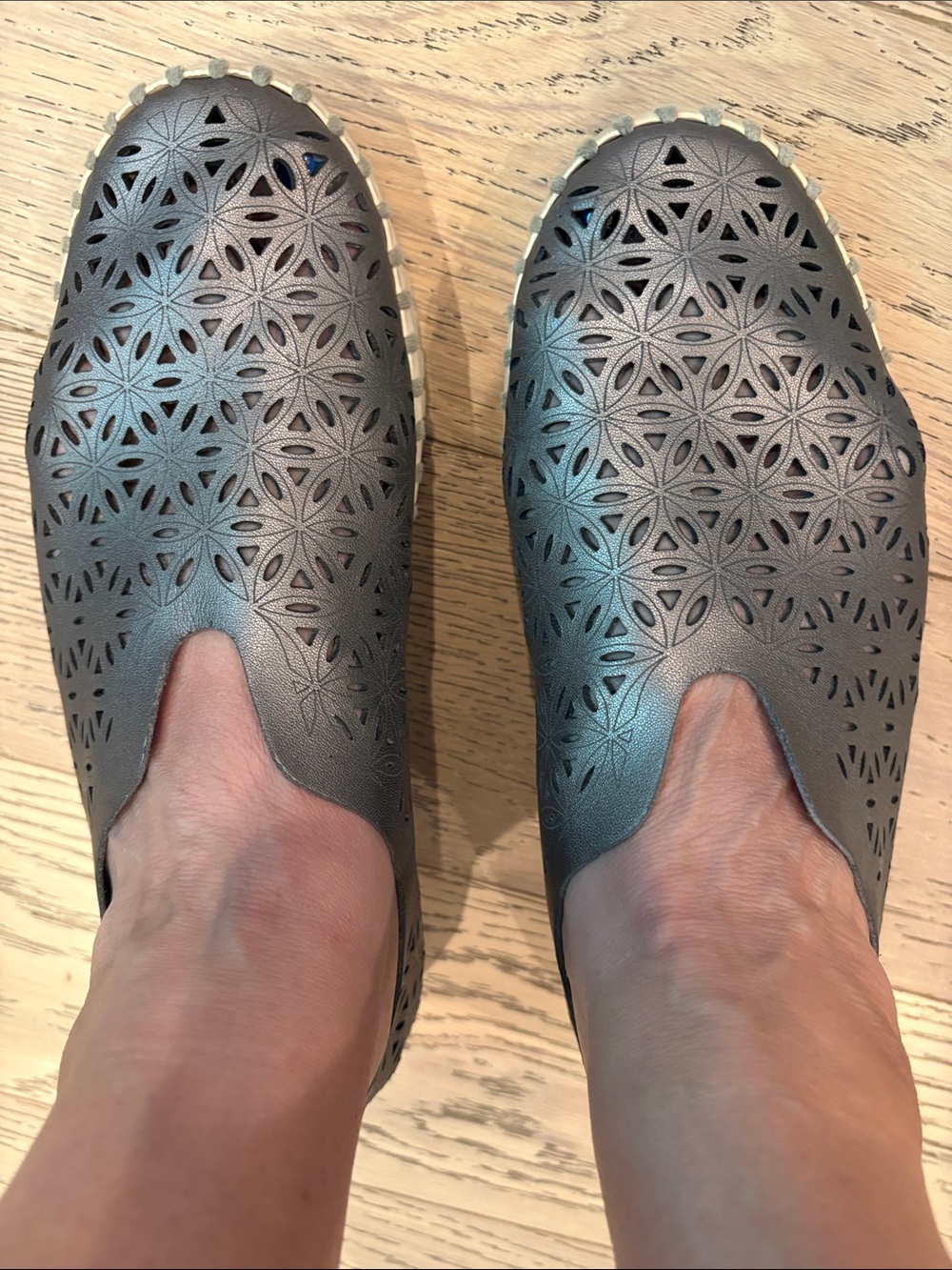 Ilse Jacobsen Laser-Cut Slip-On Flats in Metallic Dark Gray